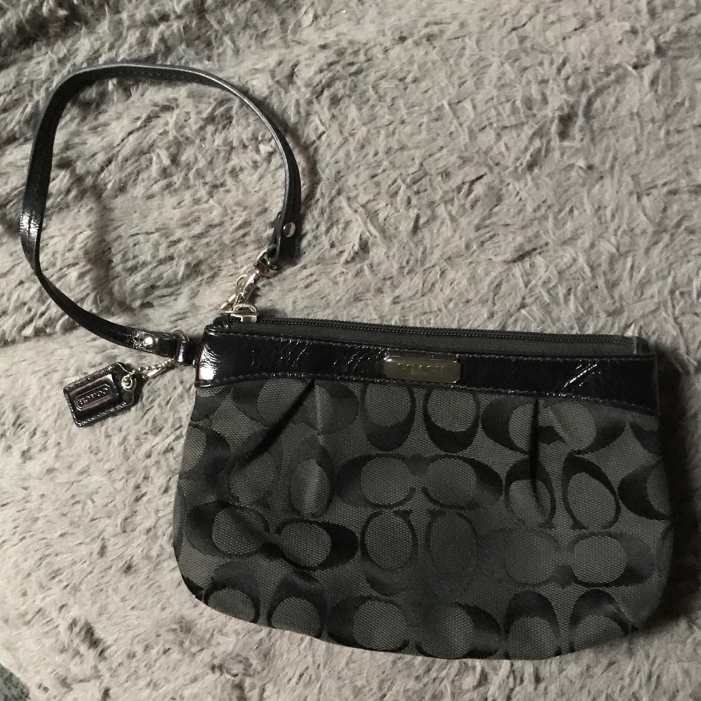 Classic Black Coach Jacquard Wristlet w/Gloss Trim